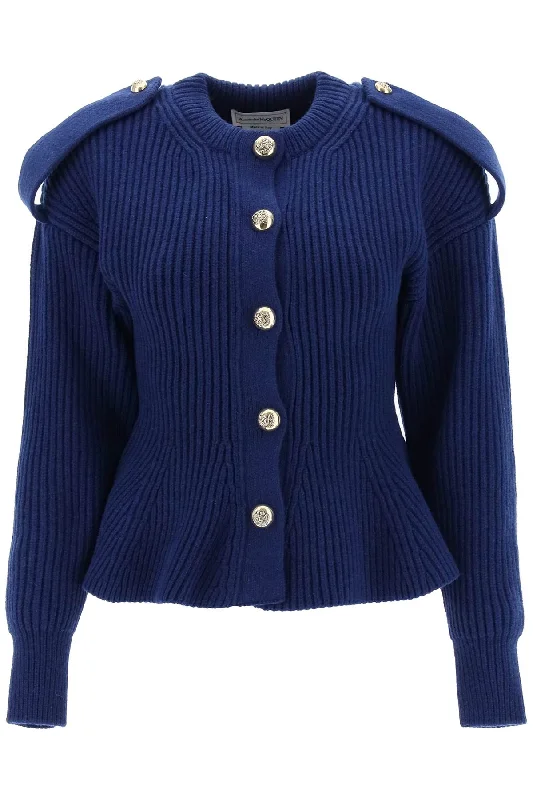 Alexander mcqueen ribbed peplum cardigan 758564 Q1A6T NAVY GOLD