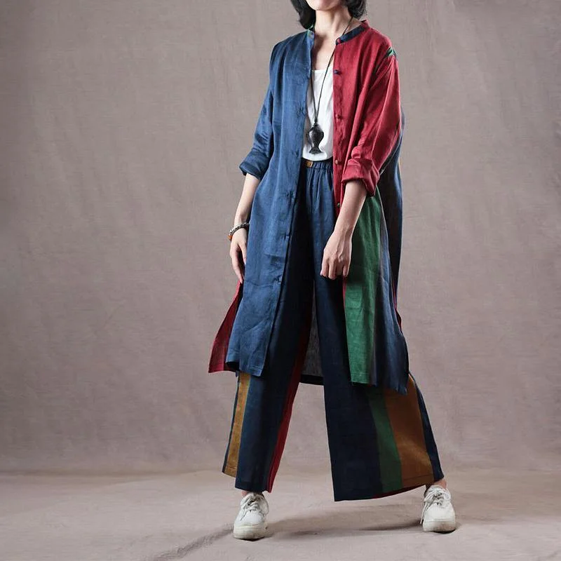 baggy blue red patchwork  Midi linen coat Loose fitting shirts with elastic waist trousers vintage two pieces