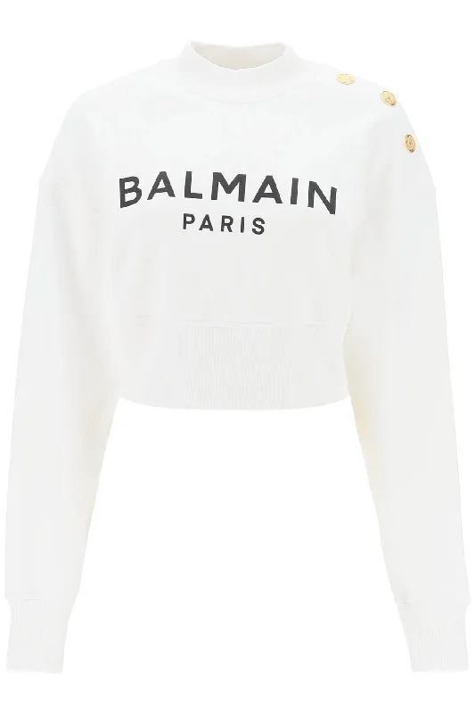 Balmain cropped sweatshirt with logo print and buttons BF1JO040BB02 BLANC NOIR