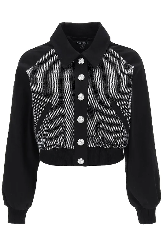 Balmain denim blouson jacket with rhinestones BF0TH072DD76 NOIR CRISTAL