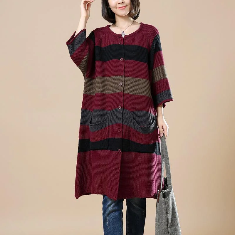 Burbundy strip plus size knit sweaters dress