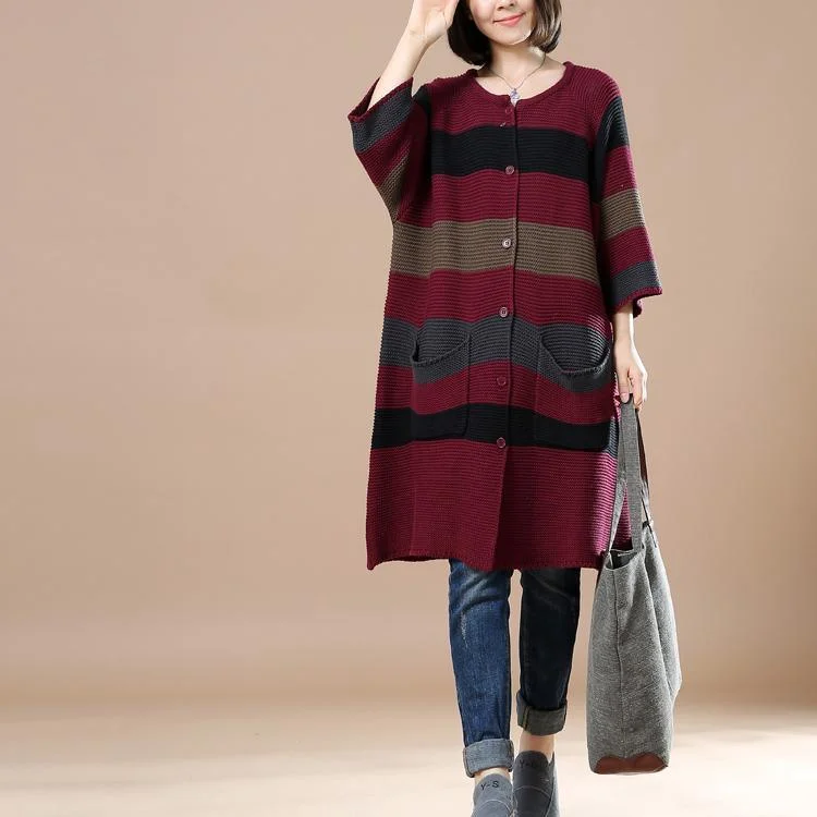 Burbundy strip plus size knit sweaters dress