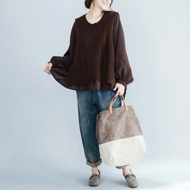 Comfy chocolate Sweater dresses Beautiful false two piece Big knit top fall