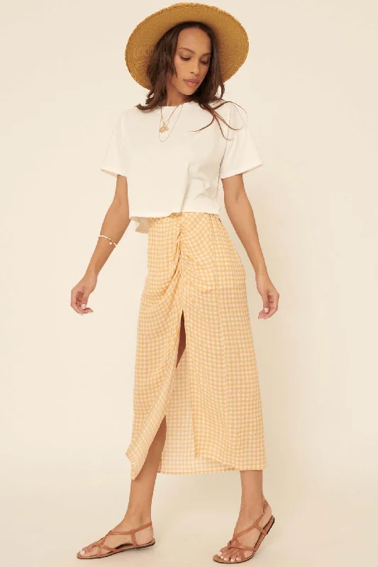 Delightful Days Ruched Gingham Midi Skirt