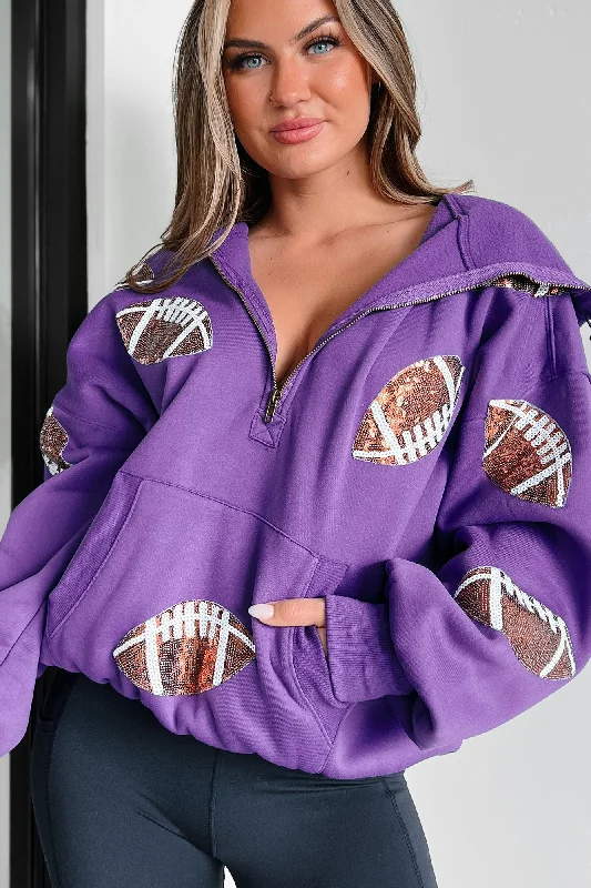 Kickoff Time Half-Zip Sequin Football Patch Hoodie (Purple)