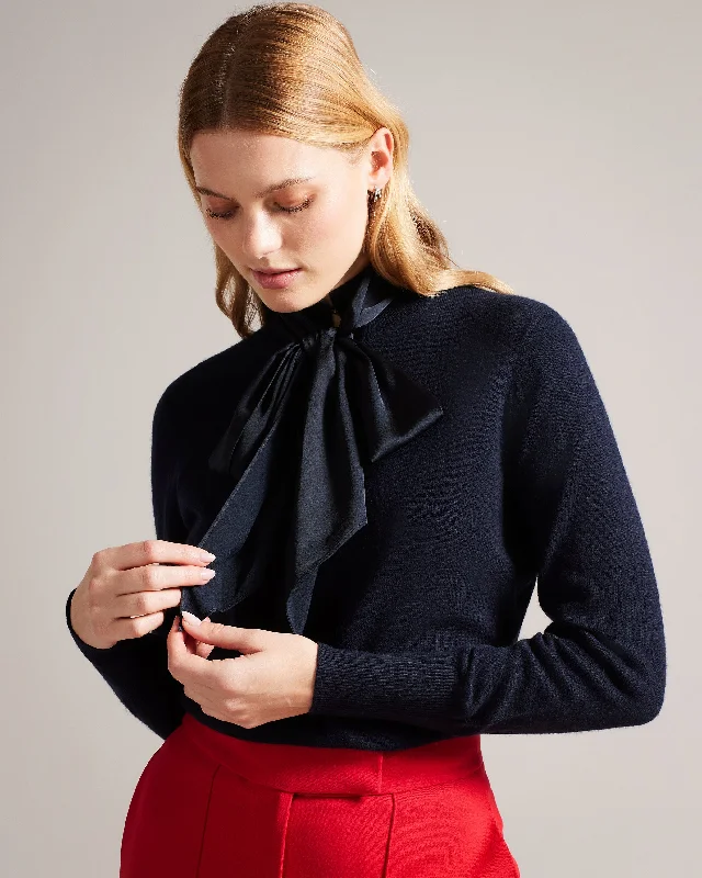 Maralou Sweater With Tie Bow Detail At Neck Navy