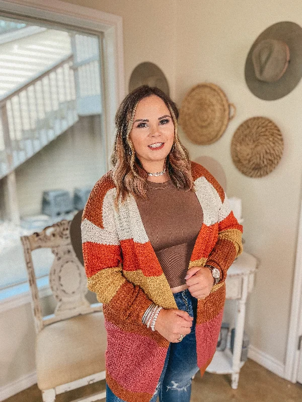 Last Chance Size Small | Choosing Cozy Striped Long Sleeve Sweater Cardigan in Rust Mix