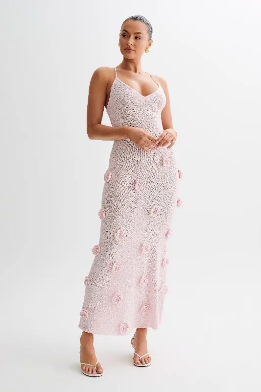 Suki Knit Maxi Dress With Flowers - Baby Pink