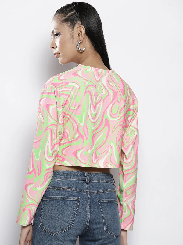 Women Pink & Green Waves Print Knot Crop Sweatshirt