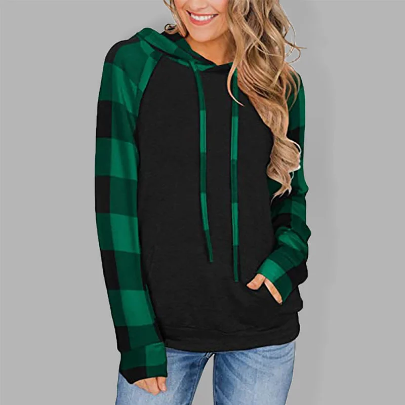 Women's Black Hoodie With Plaid Print Long Sleeves