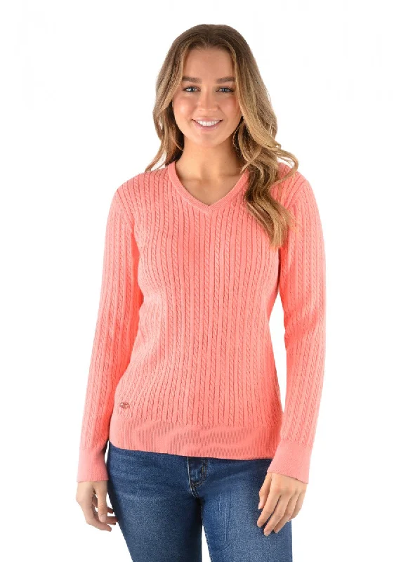 T2W2500079 Thomas Cook Women's V Neck Fine Cable Jumper Coral