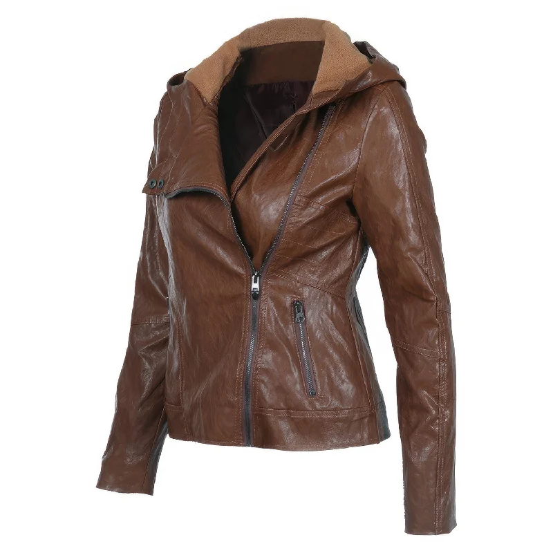 Women’s Brown Biker Genuine Sheepskin Hooded Scooter Sporty Crossover Vintage Slim Fit Asymmetric Leather Jacket