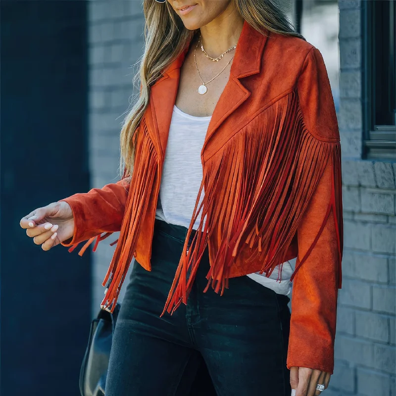 Women’s Orange Genuine Suede Tassel Lapel Long Sleeve Motor Biker Native American Vintage Cropped Leather Jacket