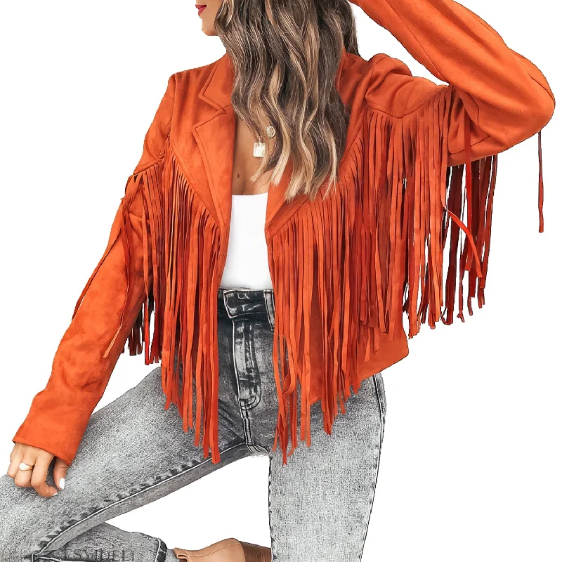 Women’s Orange Genuine Suede Tassel Lapel Long Sleeve Motor Biker Native American Vintage Cropped Leather Jacket